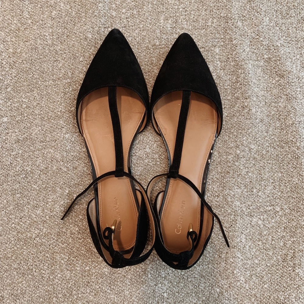Calvin Klein black suede t-strap flats